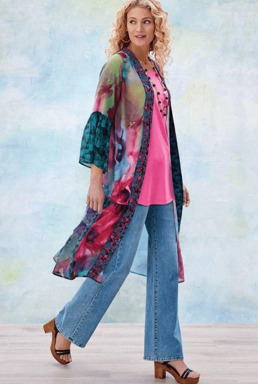 Soft Surroundings Floriana Cardigan Kimono Floral Abstraite 1x Boho Coastal Beac